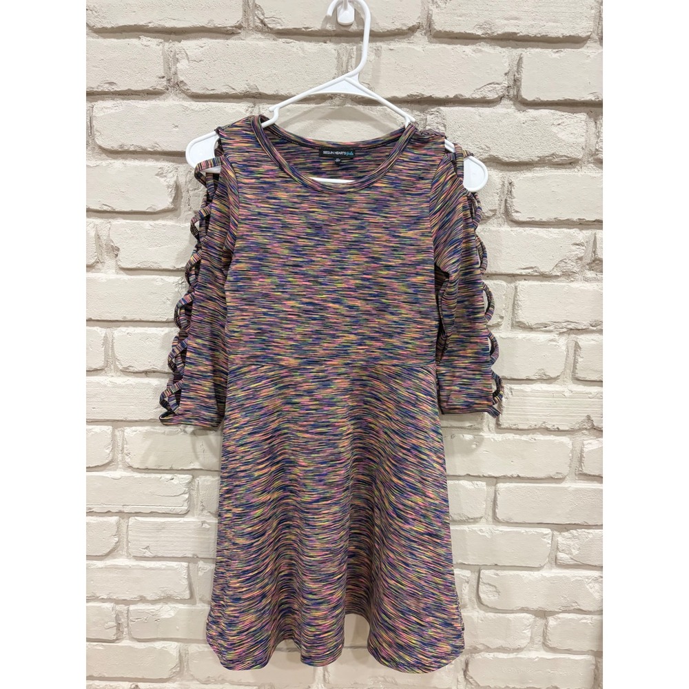 Sequin Hearts Girls Space Dye Cold Shoulder Lattice Sleeve Skater Dress Size 12